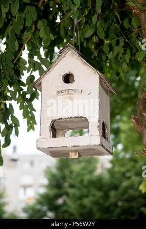 White Bird casa in un giardino, appeso a un albero Foto Stock