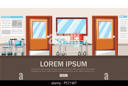 Vuoto corridoio dell'ospedale. Clinic corridoio interno con sedia a rotelle e letto di ospedale. Kit di primo soccorso. Concetto medico. Illustrazione Vettoriale. Pagina del sito Web Illustrazione Vettoriale