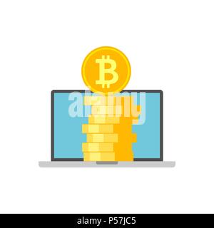 Reddito, Bitcoin, monete Pila, portatile piatto icona Vettore. Isolato su sfondo bianco. Alla moda stile piatto. Illustrazione Vettoriale