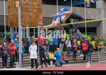 Giugno 23, 2018; Uomini Salto in alto al via Takeover, Olympic Plaza, centro di Calgary, Alberta, Canada. Foto Stock