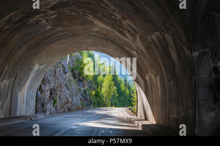 Tunnel andando su per la strada di Sun nel Glacier National Park in Montana. Questa strada è sottoposta a condizioni atmosferiche estreme (fino a 80 metri di neve in inverno) Foto Stock