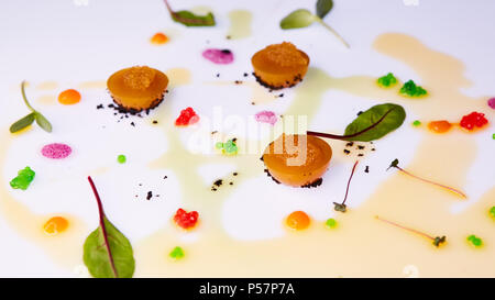 Gelatina di vegetali con caviale di luccio medicazione con salsa di pomodoro e foglie verdi Foto Stock