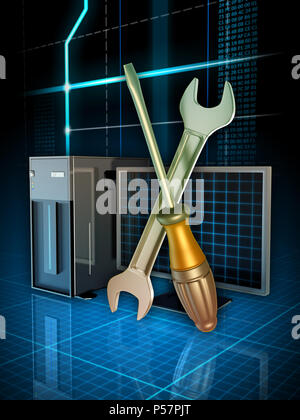 Alcuni strumenti utilizzati per risolvere i problemi del computer. Illustrazione Digitale. Foto Stock