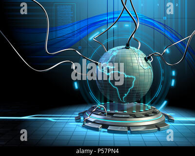 Un modello di terra collegato ad alcuni cavi in un ambiente futuristico. Illustrazione Digitale. Foto Stock