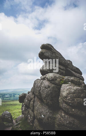 Foto diurne su un nuvoloso ma giornata soleggiata a Haytor rocce nel Parco Nazionale di Dartmoor Foto Stock