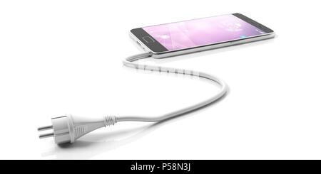 Mobile Phone Charger concept. Spina di alimentazione e lo smartphone isolati su sfondo bianco. 3d illustrazione Foto Stock