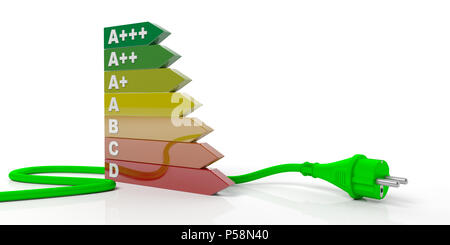 Efficienza energetica e grafico verde spina di alimentazione isolata su sfondo bianco. 3d illustrazione Foto Stock