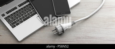 Dispositivi elettronici il concetto di carica. Computer, laptop, smartphone e spina di alimentazione su sfondo di legno, banner. 3d illustrazione Foto Stock