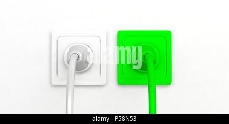 Energia verde concetto. Energia elettrica i connettori femmina e i connettori maschio isolati su sfondo bianco. 3d illustrazione Foto Stock