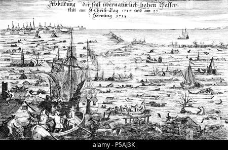 N/A. Deutsch: Als Weihnachtsflut wird die Sturmflut vom 24. Dezember auf den 25. Dezember 1717 bezeichnet. Sie wurde an der Nordseeküste kontinentaleuropäischen von einem plötzlich einsetzenden Nordweststurm verursacht. Zwischen den Niederlanden und Dänemark kam es zu zahlreichen Deichbrüchen und Überschwemmungen verheerenden. Von Tondern im Herzogtum nördlichen Schleswig bis zum ostfriesischen Emden ertranken etwa 9.000 Menschen; auch in den Niederlanden starben 2.500 Personen. Die Dramatik der Weihnachtsflut wurde verstärkt durch eine erneute Sturmflut in der Nacht vom 25. auf den 26. Februa Foto Stock