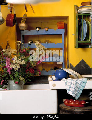 Le bottiglie di vino sul blu del vino in legno-rack in alcova sopra in ceramica bianca con dissipatore di fiori d'estate in zinco galvanizzato pot Foto Stock