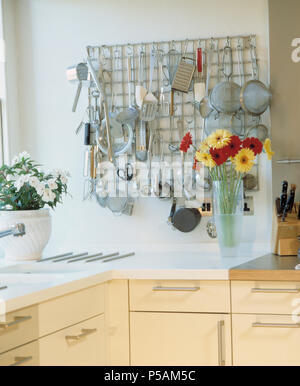Utensili in metallo e crivelli sulla griglia in acciaio rack di storage nella cucina moderna con fiori in vaso sul piano di lavoro Foto Stock