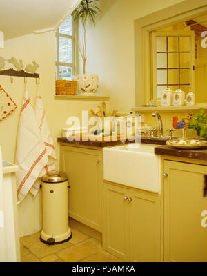 Dissipatore di Belfast impostato in scatola montata al di sotto di hatch in cottage cucina con una crema pattumiera a pedale Foto Stock