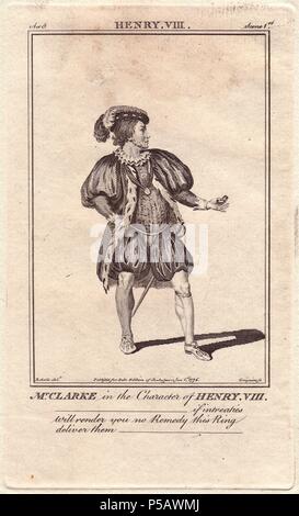 Matthew Clarke come Henry VIII nel giocare con lo stesso nome. . Clarke è stato un pilastro al Covent Garden per oltre trent'anni. "Se egli non ha mai montato su una grande altezza, egli non ha mai affondata al di sotto di un livello corretto" ha detto un critico di Bristol. . Incisione su rame da 'Bell' di Shakespeare pubblicato da John Bell, Londra, 1776. Disegnata da James Roberts. Foto Stock