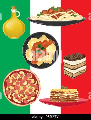 Una illustrazione vettoriale in formato eps formato 10 di cibo delizioso associato con l'Italia tra cui spaghetti ravioli pizza olio d'oliva lasagne e tiramisù torta Illustrazione Vettoriale