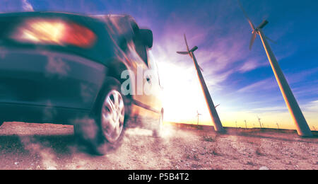 Mulini a vento e pneumatico auto dettaglio.di elettricità e di ecologia Foto Stock