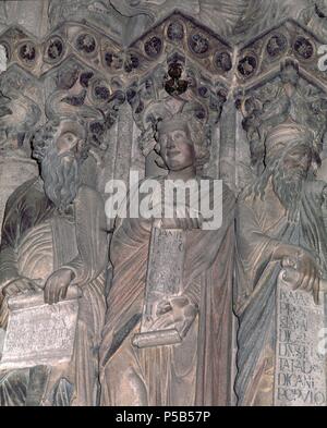 DETALLE DEL PILAR DE LOS PROFETAS DEL PORTICO DE LA GLORIA - SIGLO XII - ROMANICO ESPAÑOL. Autore: Maestro Mateo (c. 1150-c. 1200). Posizione: CATEDRAL-interno, SANTIAGO DE COMPOSTELA, A CORUÑA, Spagna. Foto Stock