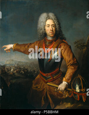 Eugenio (1663-1736), Prins van Savoye . Nederlands: Portret van Eugenio (1663-1736), Prins van Savoye. Kniestuk, staande in wapenrusting, zijn helm staat naast hem op een marcisce. Wijzend met de rechterhand in de richting van een veldslag, commandstaf in de linkerhand. . 1718. N/A 534 Eugenio (1663-1736), Prins van Savoye Rijksmuseum SK-A-373 Foto Stock