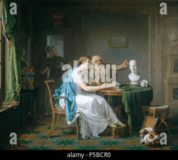 De tekenles . Nederlands: In een interieur zitten een uomo en een jonge vrouw aan een tafel. De vrouw heeft een tekenpen in de mano, op tafel ligt papier en ander tekengerei. De man houdt een tekenpen op naast een op de tafel staande buste terwijl hij onderwijst. Rechts ligt een hond te slapen tegen een portefeuille incontrato tekeningen, link staat een meid in de deuropening. Ciondolo van SK-A-4036 'De muziekles'. ; Louis Moritz (1773-1850), olieverf op paneel, 1808 . 1808. N/A 428 De tekenles Rijksmuseum SK-A-4936 Foto Stock