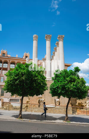 Spagna rovine romane, una donna passa sotto gli alberi di arancio come lei passa le rovine di un tempio romano in Calle Claudio Marcelo, Cordoba, Spagna. Foto Stock