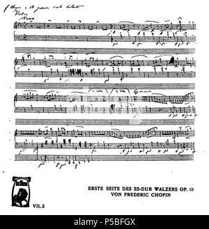 N/A. Inglese: Prima pagina manoscritta di Chopin Grande Valse brillante in E-bemolle maggiore, Op. 18. 1833 (composizione). Frédéric Chopin (1810-1849) nomi alternativi Fryderyk Chopin Descrizione musicista polacco Data di nascita e morte 22 Febbraio 1810 / 1 Marzo 1810 17 ottobre 1849 Luogo di nascita e morte elazowa Wola Paris Opera Parigi posizione competente controllo : Q1268 VIAF:71319254 ISNI:0000 0001 2138 5649 LCCN:N79127769 NARA:25341204 NLA:36588280 WorldCat 342 Chopin - Grande Valse brillante op18 - MS p1 - Die Musik vol7-3 Nov 1907 Foto Stock