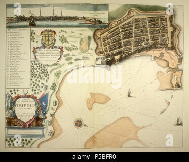 N/A. Inglese: una incisione di Tripoli, Libia quando era parte dell'Impero Ottomano nel 1675. Incisione di Giovanni venditore. 1675. Giovanni venditore 45 una Mapp del Citie e porto di Tripoli in Barberia - da Giovanni venditore 1675 Foto Stock