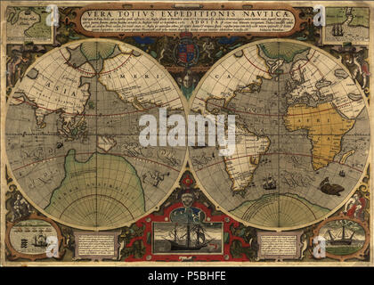 N/A. Inglese: mappa del mondo; registra il primo inglese circumnavigazione del globo da parte di Sir Francis Drake (1577-1580), come pure quello del suo connazionale Thomas Cavendish pochi anni più tardi (1586-1588). La mappa raffigura i contorni dei continenti lasciando gli interni vuoto, suggerendo che i terreni sono stati lasciati inesplorati. La i marginalia include Elizabethan stemma, una vignette di Drake's nave Golden Hind, e quattro corner illustrazioni. Il disegno nell'angolo superiore sinistro mostra Drake's Landing a Nova Albion nell attuale California. Titolo: Vera Totius Expeditionis Nauticae. 1595. Foto Stock