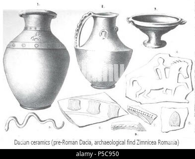 N/A. Inglese: reperti archeologici: Daci ceramiche di Zimnicea Romania (pre-Dacia Romana) note = 1) Urn (altezza 76 cm) con un motociclista raffigurazione ripetuta 6 volte 2) Tazza con la rappresentazione di un serpente e uno zoccolo di cavallo 3) piedistallo piatto 4) Il pilota da #1 (pm) 5) Il serpente da # 2 (CUP) 6) ornamento da #1 urna 7) ornamento 8) ornamento 8) ornamento . 1877. Grigore Tocilescu George (26 Ottobre 1850 - 18 settembre 1909) 405 Daci ceramico (trova Zimnicea, pre-Dacia Romana) Foto Stock