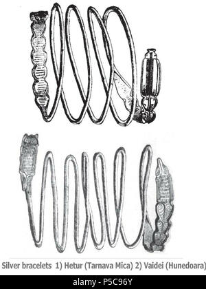 N/A. Inglese: Daci argento bracciali reperti archeologici Hetur (Mures County) e Vaidei (Hunedoara county) cf Romer F.F. (E ANCHE Parvan V.) . 1886. Römer Floris Ferencz (1815-1889) 405 Daci bracciali in argento da Hetur e Vaidei Foto Stock