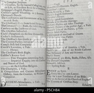 N/A. Da: un catalogo di libri di storia, la divinità, legge, delle arti e delle scienze e le diverse parti del gentile letteratura : per essere venduto da Garrat Noel, libraio in Dock-Street, New York. New York : stampato da H. Gaine, in Queen-Street, tra la mosca e Meal-Markets, 1755. (24 p. ; 16 cm.) . 1755. Stampato da H. Gaine 23 1755 GarratNoel NY BostonPublicLibrary p6 Foto Stock