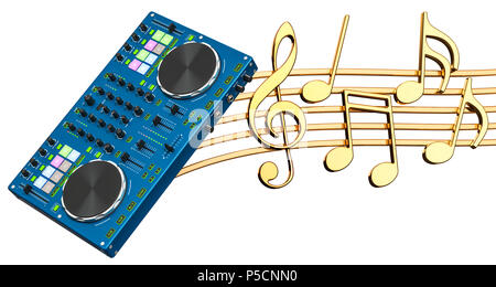 Concetto musicale. DJ Console con note musicali, 3d rendering isolati su sfondo bianco Foto Stock