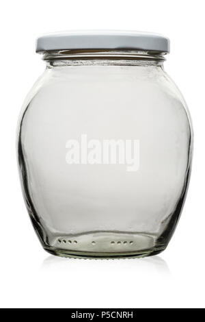 Vaso di vetro con un coperchio senza etichetta. Banca per la conservazione della forma arrotondata. tracciato di ritaglio Foto Stock