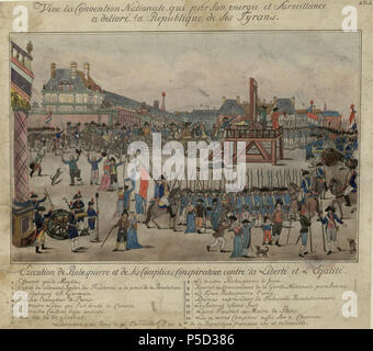 N/A. Deutsch: Die Hinrichtung Robespierres und circuizione Anhänger am 28. Juli 1794 Inglese: l'esecuzione di Robespierre e i suoi sostenitori del 28 luglio 1794 Français : Esecuzione de Robespierre et de ses complices conspirateurs contre la Liberté et l'Egalité. Grado Cidevant Meubles Entrée du cidevant Jardin des Thuileries a la place de la Révolution Le Faubourg St Germain Sanson l'exécuteur de Paris Le traitre Lebas qui s'est brullé la Cervelle Le traitre Couthon deja executé La Tête du dit scelerat Le traitre Robespierre le jeune Hanriot ex comandante de la Garde Nationale parisienne Le tyran Rob Foto Stock