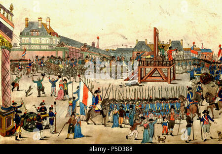 N/A. Deutsch: Die Hinrichtung Robespierres und circuizione Anhänger am 28. Juli 1794 Inglese: l'esecuzione di Robespierre e i suoi sostenitori il 28 luglio 1794. Nota: decapitata man (6) non è Robespierre, ma Couthon: Maximilien Robespierre (10) è mostrato seduto sul carrello, vestito in marrone che indossa un cappello e tenendo un fazzoletto per la sua bocca. Il suo giovane fratello Augustin (8) è guidato per le scale fino al ponteggio. Français : Exécution de Robespierre et de ses complices conspirateurs contre la liberté et l'égalité' : vive la Convention nationale qui par son énergie et surveillance un délivré Foto Stock