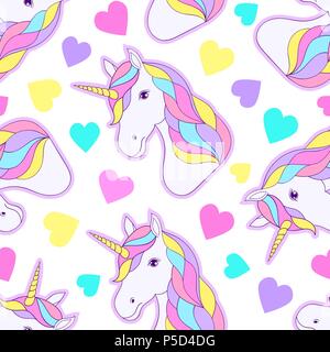 Modello senza cuciture con colorati unicorns e cuori su sfondo bianco. Illustrazione Vettoriale