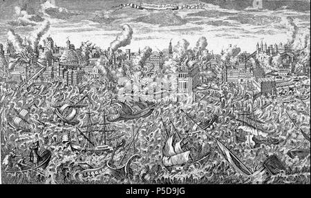 N/A. Terremoto di Lisbona del 1755 Inglese: Lisbona, Portogallo durante il grande terremoto del 1 novembre 1755. Questa incisione su rame, fatto che anno, mostra la città in rovine e in fiamme. Tsunami rush sulla riva, distruggendo i pontili. L'incisione è inoltre degno di nota in mostra fortemente perturbato acqua nel porto, che affondò molte navi. Passeggeri in primo piano a sinistra mostrano segni di panico. Originale in: Museu da Cidade, Lisbona. Riprodotto in: O Terramoto de 1755, Testamunhos Britanicos = Il terremoto di Lisbona del 1755, British Account. Lisbona: British storica società di Portogallo, 1990. P Foto Stock