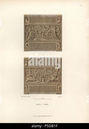 Pettine scolpito dal XV secolo raffigurante una scena da "Tristano e Isotta". L'altro lato mostra un torneo con giostre cavalieri in armature. Chromolithograph da Hefner-Alteneck 'costumi, opere d'arte e apparecchi dal Medioevo fino alla fine del xviii secolo", Francoforte, 1883. IIlustration disegnato da Hefner-Alteneck, litografata da CR e pubblicato da Heinrich Keller. Il dottor Jakob Heinrich von Hefner-Alteneck (1811-1903) era un archeologo tedesco, storico dell'arte e illustrator. Egli è stato direttore del Museo Nazionale Bavarese dal 1868 fino al 1886. Foto Stock