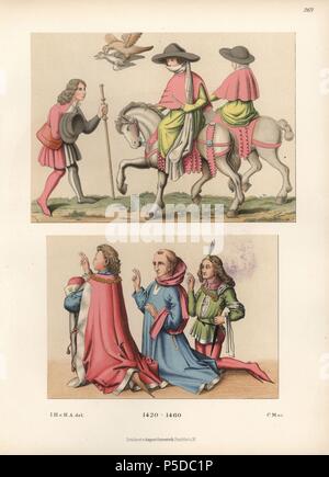 Maschio e femmina di moda dal XV secolo. L'illustrazione in alto è da una penna di colore e disegno a inchiostro nella biblioteca di Heidelberg e mostra due donne in molto originale vestito con brevi promontori e lunghi veli. L'illustrazione inferiore è da Ulrich von Richtental il manoscritto in Costanza Rathhaus. Chromolithograph da Hefner-Alteneck 'costumi, opere d'arte e apparecchi dal Medioevo fino alla fine del xviii secolo", Francoforte, 1883. IIlustration disegnato da Hefner-Alteneck, litografata dal C.M., e pubblicato da Heinrich Keller. Il dottor Jakob Heinrich von Hefner-Alteneck (1811-1903) era Foto Stock