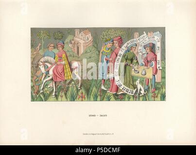 Moquette dall'inizio del XV secolo che raffigura uomini e donne a cavallo al di fuori di un castello, il corteggiamento e la zuppa di condivisione da una pentola. Chromolithograph da Hefner-Alteneck 'costumi, opere d'arte e apparecchi dal Medioevo fino alla fine del xviii secolo", Francoforte, 1883. IIlustration disegnato da Hefner-Alteneck, litografata da CR e pubblicato da Heinrich Keller. Il dottor Jakob Heinrich von Hefner-Alteneck (1811-1903) era un archeologo tedesco, storico dell'arte e illustrator. Egli è stato direttore del Museo Nazionale Bavarese dal 1868 fino al 1886. Foto Stock
