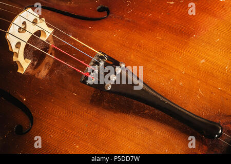 Dettagli di un vecchio polveroso violoncello, closeup vista sulle stringhe e corpo. Foto Stock