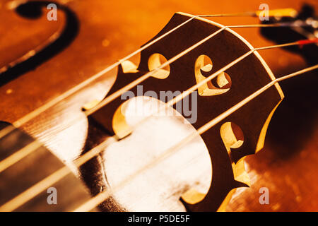 Dettagli di un vecchio polveroso violoncello, closeup vista sulle stringhe e corpo. Foto Stock