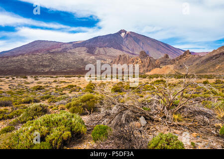 Vista panoramica del paesaggio arido con il famoso Pico del Teide mountain sommità del vulcano in background su una bella giornata di sole con le nuvole, il Teide Nati Foto Stock