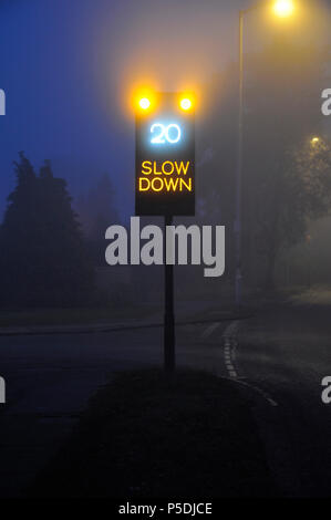 Un semaforo con un cartello indicante il limite di velocità su una notte di nebbia. Foto Stock