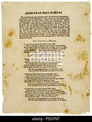 N/A. 1814 Costeggiata la stampa della difesa di Fort McHenry, una poesia che più tardi è diventato l'inno nazionale degli Stati Uniti . 1814. Francis Scott Key (1779-1843) 431 la difesa di Fort McHenry (costeggiata 1814) Foto Stock