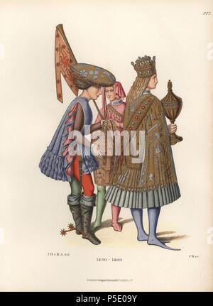 Gli uomini italiani di moda dalla metà del XV secolo da dipinti in una galleria di Berlino. Chromolithograph da Hefner-Alteneck 'costumi, opere d'arte e apparecchi dal Medioevo fino alla fine del xviii secolo", Francoforte, 1883. IIlustration disegnato da Hefner-Alteneck, litografata dal C. Regnier, e pubblicato da Heinrich Keller. Il dottor Jakob Heinrich von Hefner-Alteneck (1811-1903) era un archeologo tedesco, storico dell'arte e illustrator. Egli è stato direttore del Museo Nazionale Bavarese dal 1868 fino al 1886. Foto Stock