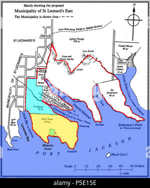 N/A. Mappa è da 1850s ma si riferisce a terra in precedenza sovvenzioni didascalia recita "inizio mappa pubblicato nel North Shore volte 8 maggio 1963 mostra il confine del comune di St Leonards Est, proclamato 1860.' aggiunto alla mappa originale sono le parole 'Lavender Bay' che ha usato per essere chiamato Hulk Bay, e 'Milsons punto". I colori sono stati aggiunti anche. Evidenziato in giallo è l'originale 120 acri di concedere a Robert Ryan in 1800 che era stato acquistato intorno al 1806 da Robert Campbell; in blu pallido è il 50 acri di concedere a James Milson nel 1825; in verde è la posizione approssimativa che è stato segnato sulla mappa fo Foto Stock