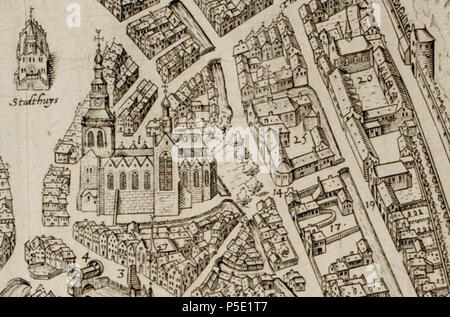 N/A. Nederlands: frammento van een kaart van Gouda uit de "Civitates orbis terrarum" porta Braun & Hogenberg. Bij nr. 14 de Jeruzalemkapel, bij nr. 17 het Sint-Margrietklooster, bij nr. 19 het Cellebroedersklooster, bij nr. 20 het Sint-Catharinaklooster en bij nr. 25 het Collatiehuis . 1585. Frans Hogenberg (1538-1590) 285 frammento Cellebroedersklooster kaart van Gouda 1585 Foto Stock