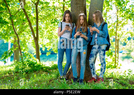 Tre studentesse adolescenti. In estate park. Nelle mani di trattenere gli smartphone. Per corrispondere alle reti sociali. Le ragazze sono adolescenti. Spazio libero per il testo Foto Stock