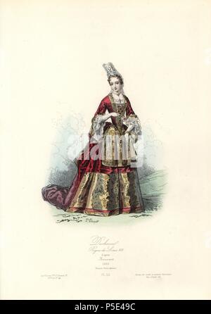 La duchessa, regno di Luigi XIV, 1693. Acciaio Handcolored incisione di Polidor Pauquet dopo Jean-Baptiste Bonnart (1654-1726) dall'Pauquet fratelli 'Modi et costumi Historiques" (Storico delle mode e dei costumi), Paris, 1865. Hippolyte (b. 1797) e critica Polydor Pauquet (b. 1799) ha eseguito con successo una casa editrice di Parigi nel XIX secolo, specializzata in libri illustrati sul costume, uccelli, farfalle, anatomia e storia naturale. Foto Stock