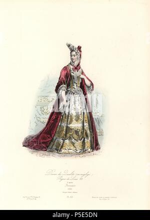 Signora della qualità, en neglige, regno di Luigi XIV, 1696. Acciaio Handcolored incisione di Polidor Pauquet dopo Jean-Baptiste Bonnart (1654-1726) dall'Pauquet fratelli 'Modi et costumi Historiques" (Storico delle mode e dei costumi), Paris, 1865. Hippolyte (b. 1797) e critica Polydor Pauquet (b. 1799) ha eseguito con successo una casa editrice di Parigi nel XIX secolo, specializzata in libri illustrati sul costume, uccelli, farfalle, anatomia e storia naturale. Foto Stock